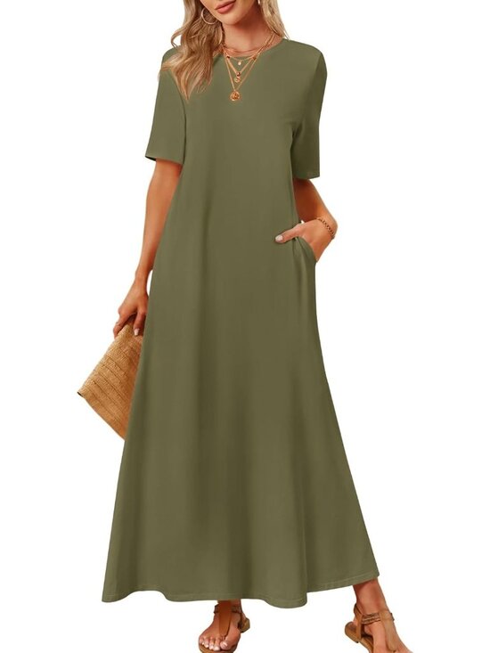Dresses & Skirts - Women's Green Summer Casual Maxi Dress Vacation Crew Neck Short Sleeve Dress